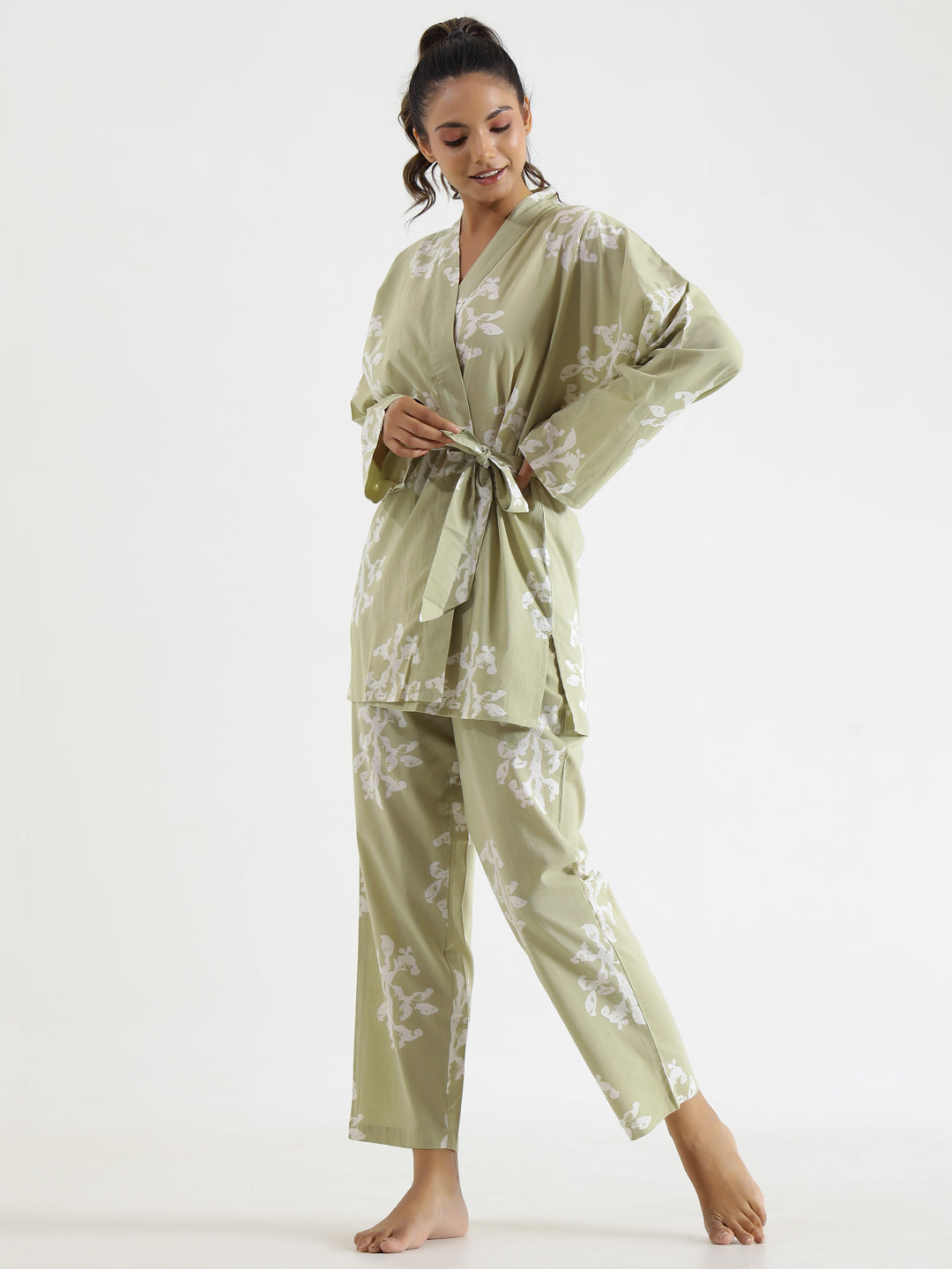Green Leaf Print V-Neck Cotton Night Suit For Women