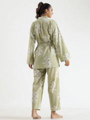 Green Leaf Print V-Neck Cotton Night Suit For Women