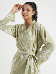 Green Leaf Print V-Neck Cotton Night Suit For Women