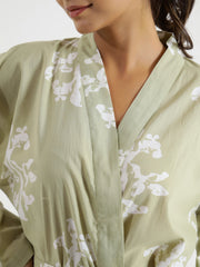 Green Leaf Print V-Neck Cotton Night Suit For Women