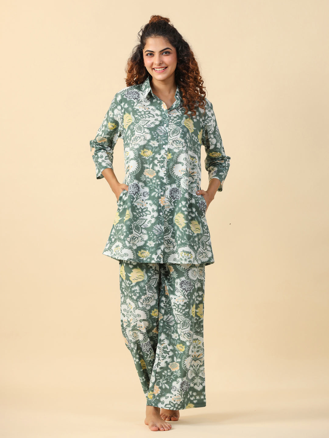 Green  Printed Pure Cotton Night Suit For Women