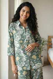 Green Floral Print Shirt Collar Pure Cotton Night Suit For Women