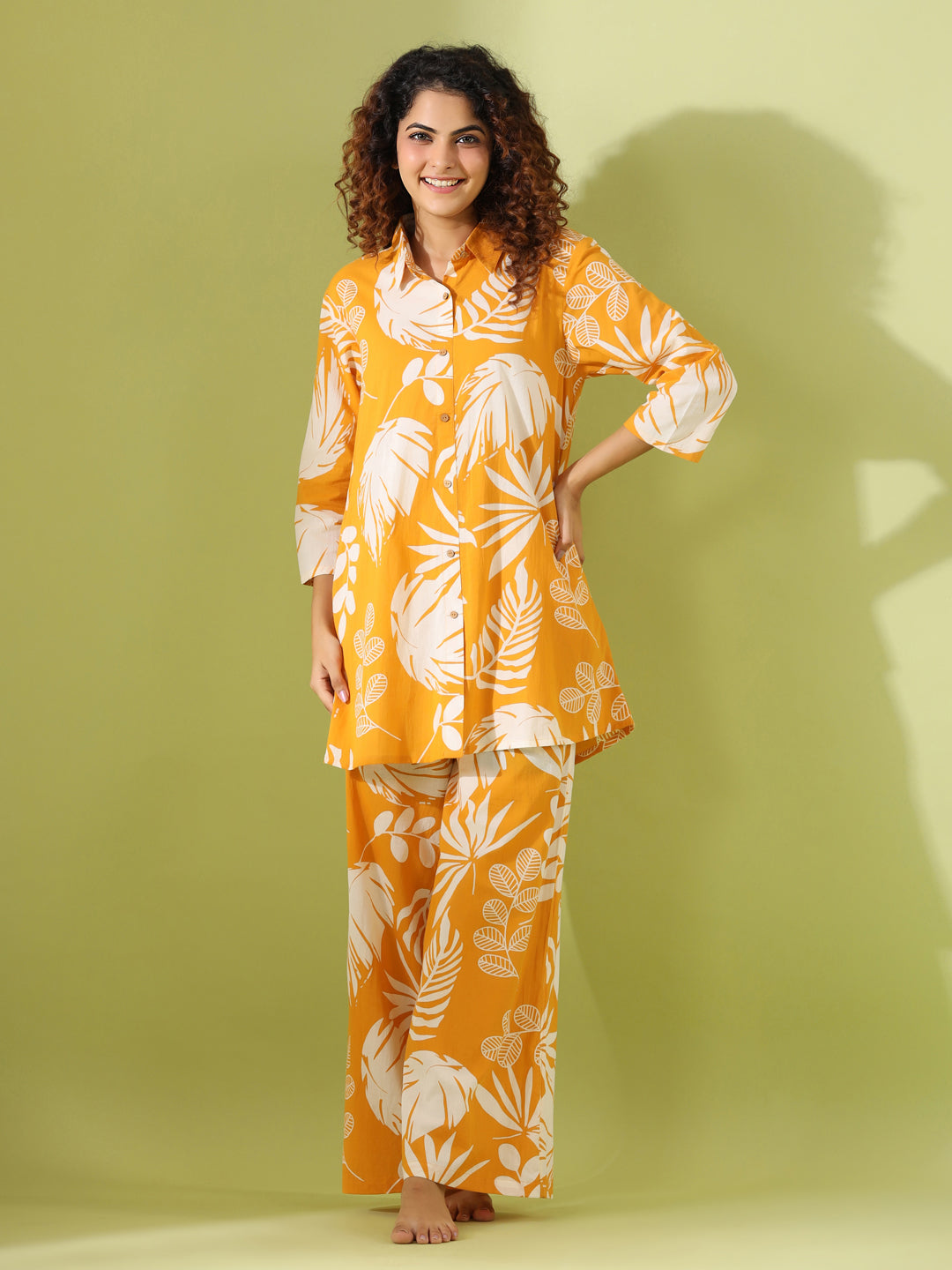 Yellow Leaf Printed Pure Cotton Night Suit For Women