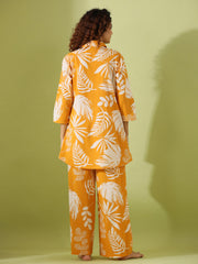 Yellow Leaf Printed Pure Cotton Night Suit For Women