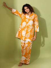 Yellow Leaf Printed Pure Cotton Night Suit For Women