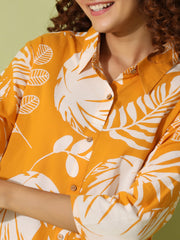 Yellow Leaf Printed Pure Cotton Night Suit For Women