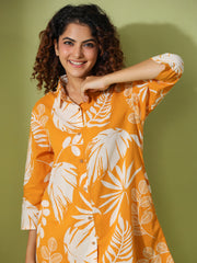Yellow Leaf Printed Pure Cotton Night Suit For Women
