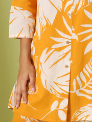 Yellow Leaf Printed Pure Cotton Night Suit For Women