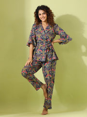Blue Floral Print Lapel Collar Pure Cotton Night Suit For Women