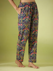 Blue Floral Print Lapel Collar Pure Cotton Night Suit For Women