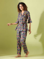 Blue Floral Print Lapel Collar Pure Cotton Night Suit For Women
