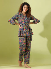Blue Floral Print Lapel Collar Pure Cotton Night Suit For Women