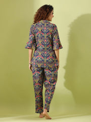 Blue Floral Print Lapel Collar Pure Cotton Night Suit For Women