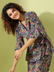 Blue Floral Print Lapel Collar Pure Cotton Night Suit For Women