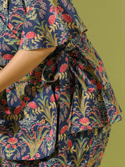 Blue Floral Print Lapel Collar Pure Cotton Night Suit For Women