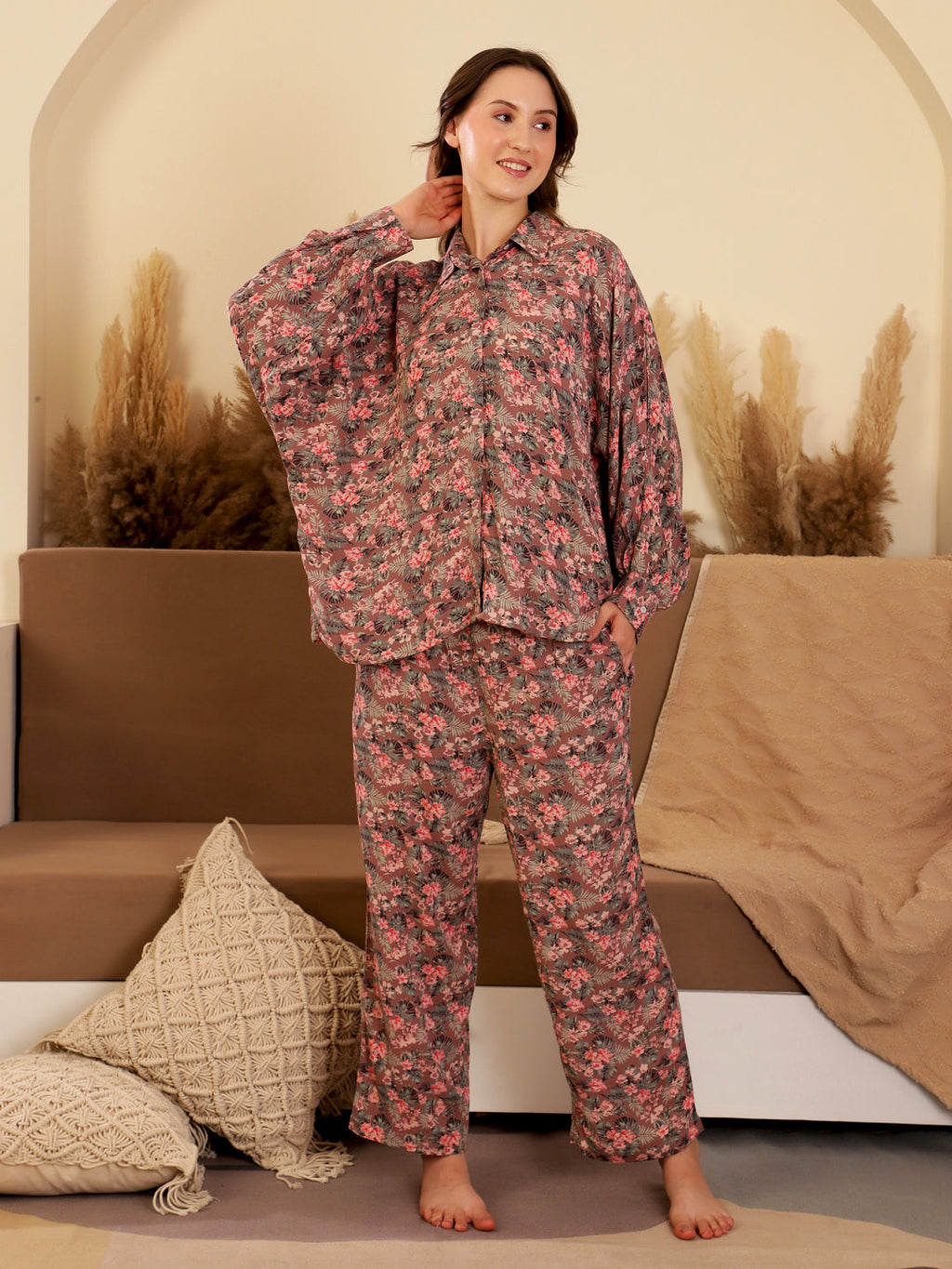 Floral Printed Full Sleeve Night Suit For Women