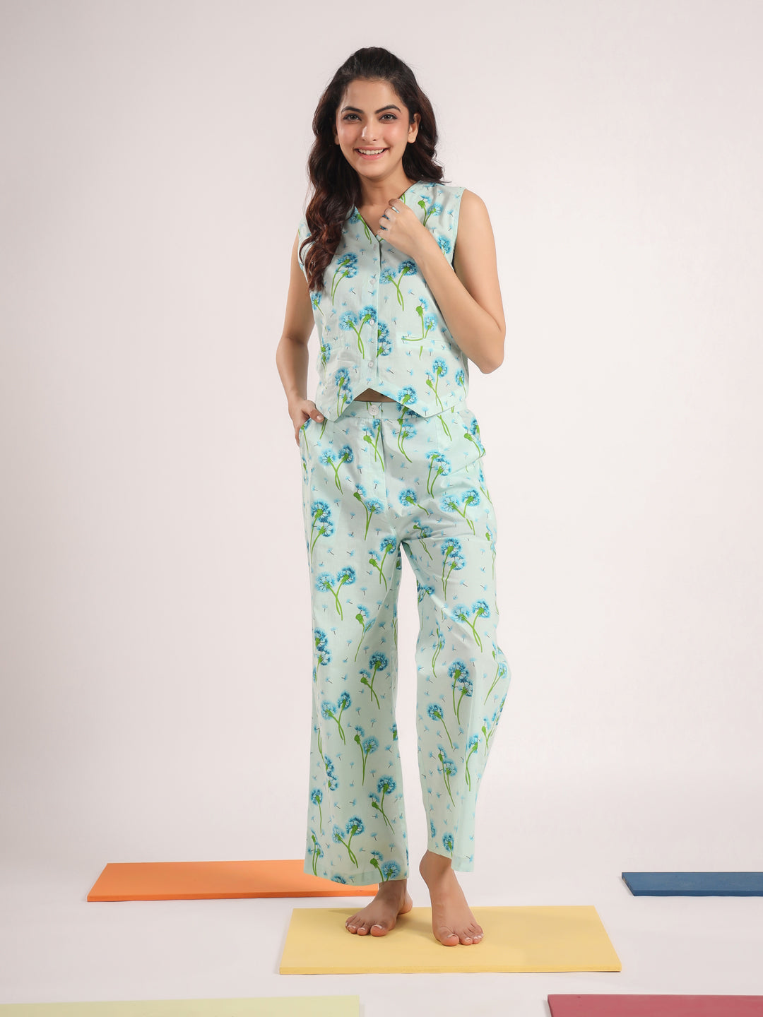 Blue V-Neck Floral Print Pure Cotton Night Suit For Women