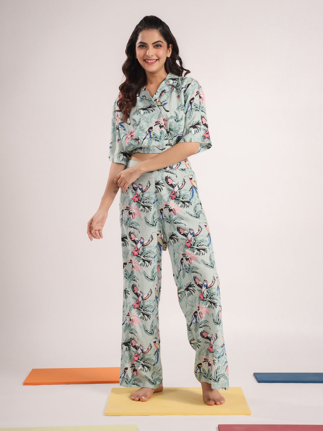 Blue Laple Collar Conversational Print Night Suit For Women