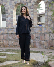 BlackSolid Lapel Collar Viscose 3 Piece Pyjama Night Suit For Women