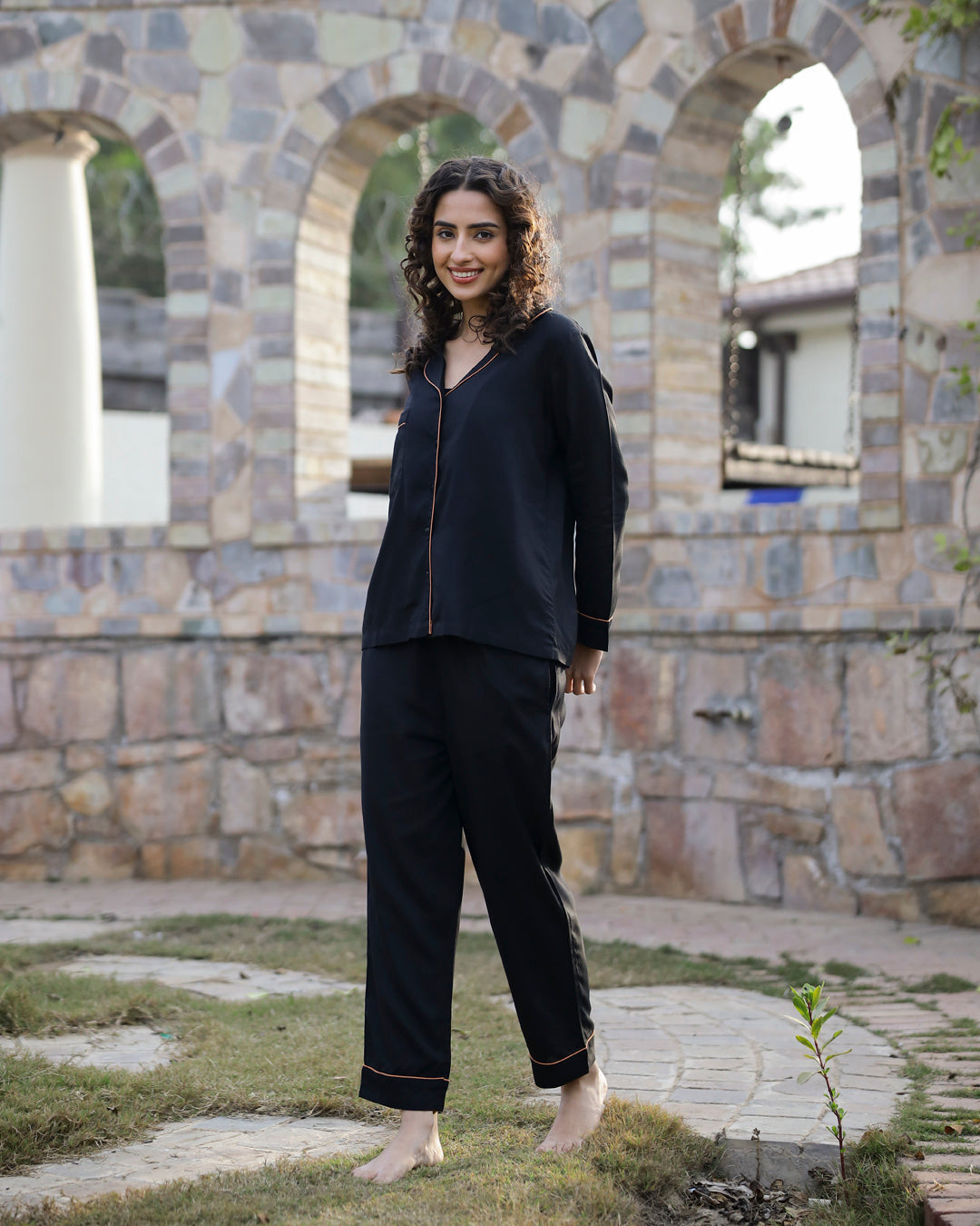 BlackSolid Lapel Collar Viscose 3 Piece Pyjama Night Suit For Women