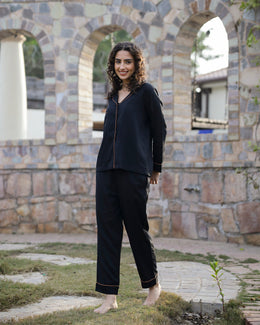 BlackSolid Lapel Collar Viscose 3 Piece Pyjama Night Suit For Women