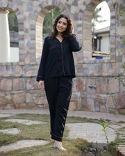 BlackSolid Lapel Collar Viscose 3 Piece Pyjama Night Suit For Women