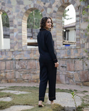 BlackSolid Lapel Collar Viscose 3 Piece Pyjama Night Suit For Women