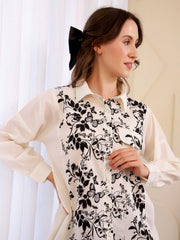 White Shirt Collar Floral Pure Cotton Night Suit For Women