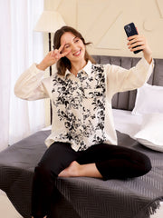 White Shirt Collar Floral Pure Cotton Night Suit For Women