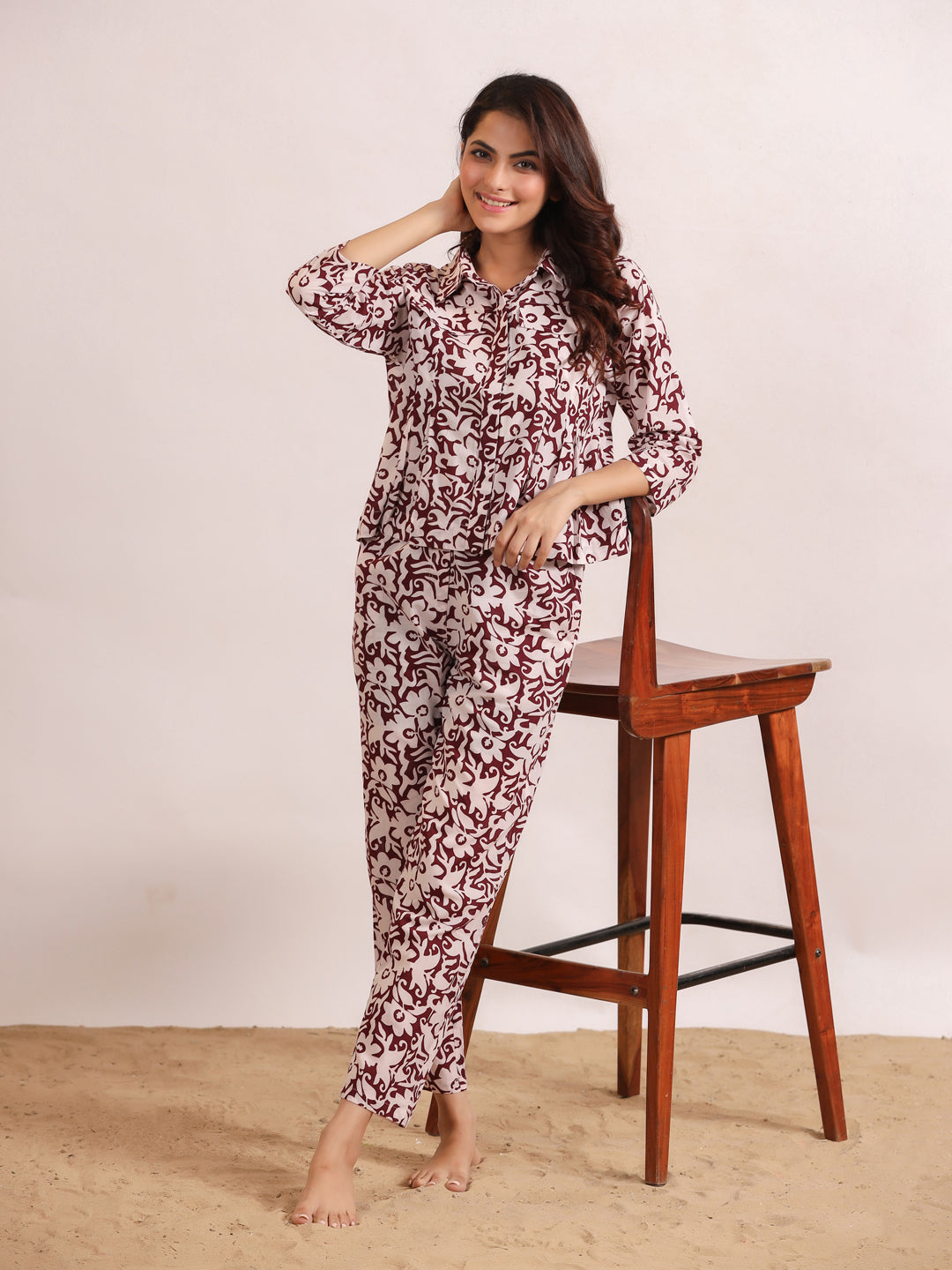 Brown Shirt Collar Floral Print Pure Cotton Night Suit For Women