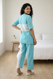 Blue Tie and Die  V-Neck Pure Cotton Night Suit For Women