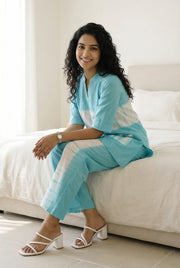 Blue Tie and Die  V-Neck Pure Cotton Night Suit For Women