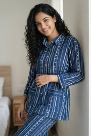 Navy Blue Striped Print Shirt Collar Pure Cotton Night Suit For Women
