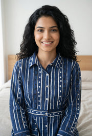 Navy Blue Striped Print Shirt Collar Pure Cotton Night Suit For Women