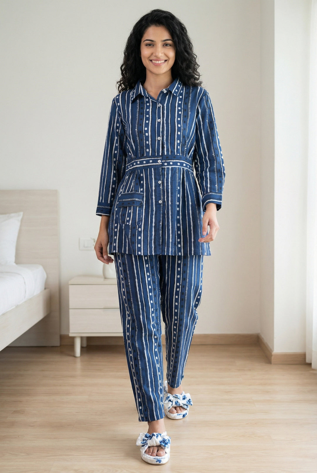 Navy Blue Striped Print Shirt Collar Pure Cotton Night Suit For Women