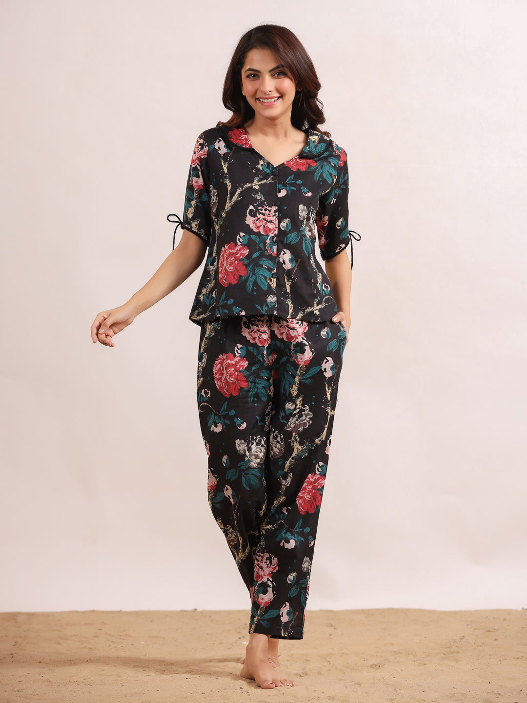 Black Floral Printed Cotton Printed Night Suit Set With Pajama