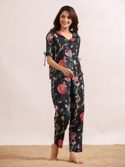 Black Floral Printed Cotton Printed Night Suit Set With Pajama