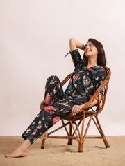 Black Floral Printed Cotton Printed Night Suit Set With Pajama