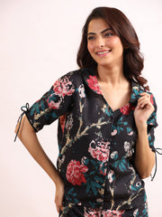Black Floral Printed Cotton Printed Night Suit Set With Pajama