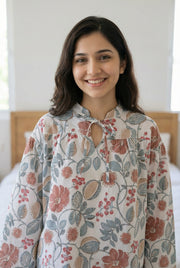 White Floral Print Round Neck Pure Cotton Night Suit For Women