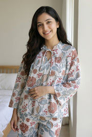White Floral Print Round Neck Pure Cotton Night Suit For Women