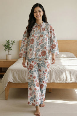 White Floral Print Round Neck Pure Cotton Night Suit For Women
