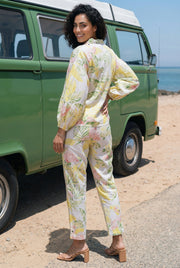 Yellow Floral Print Shirt Collar Pure Cotton Night Suit For Women