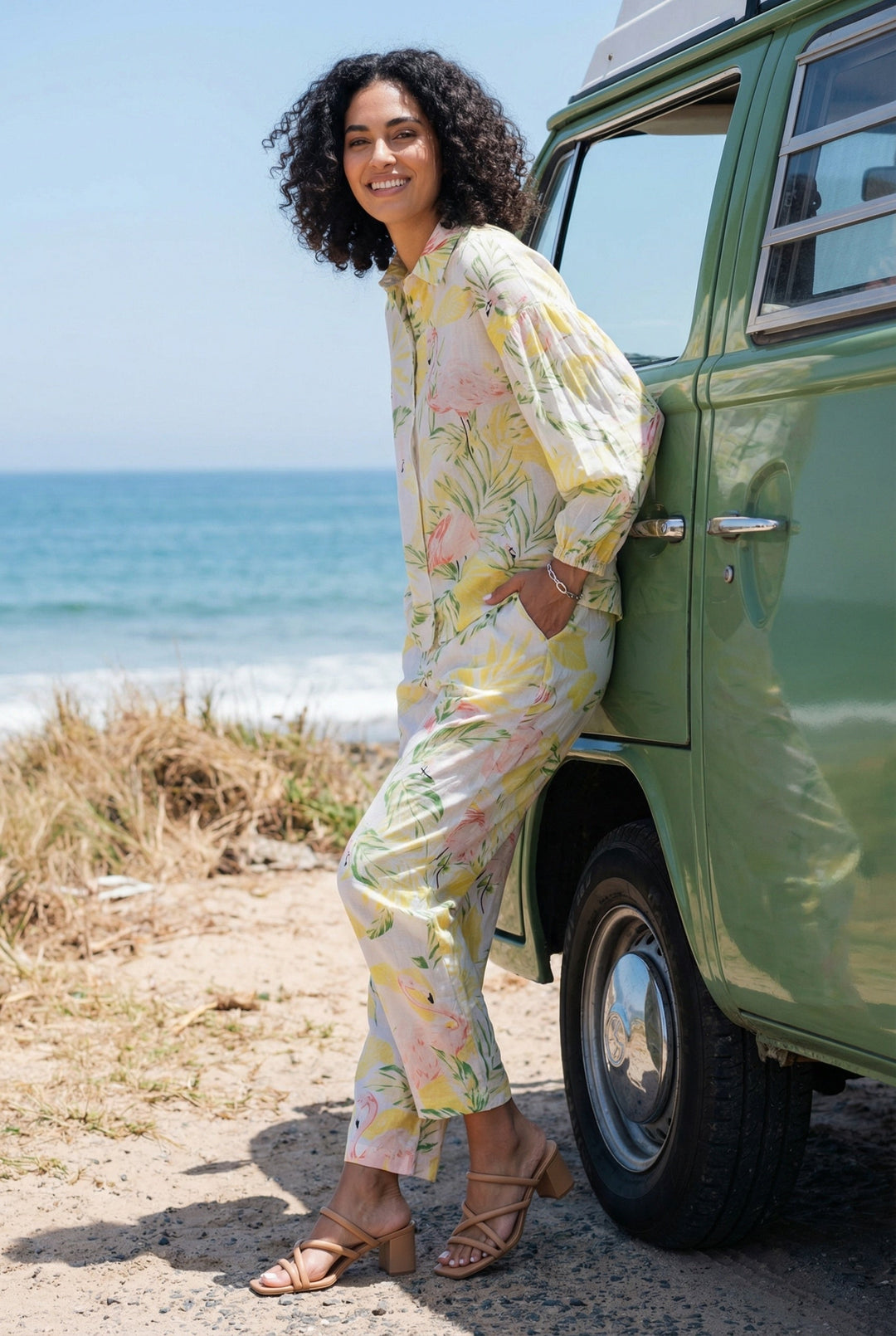 Yellow Floral Print Shirt Collar Pure Cotton Night Suit For Women