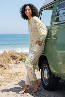 Yellow Floral Print Shirt Collar Pure Cotton Night Suit For Women
