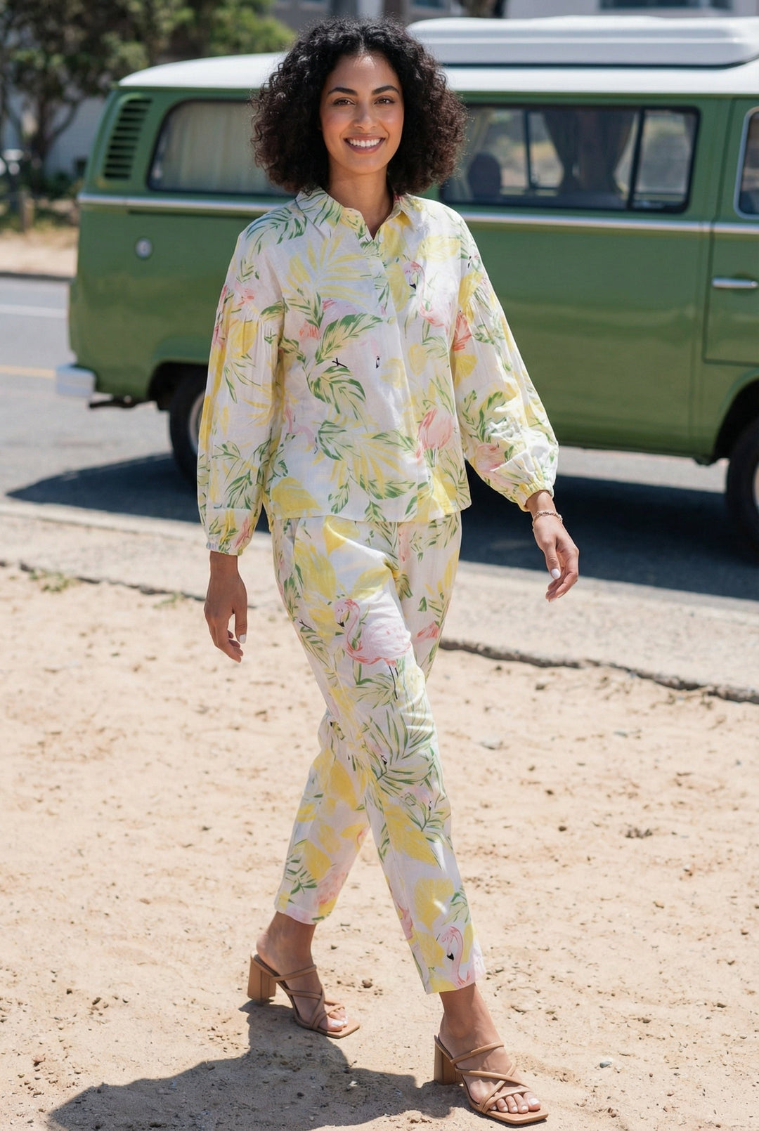 Yellow Floral Print Shirt Collar Pure Cotton Night Suit For Women