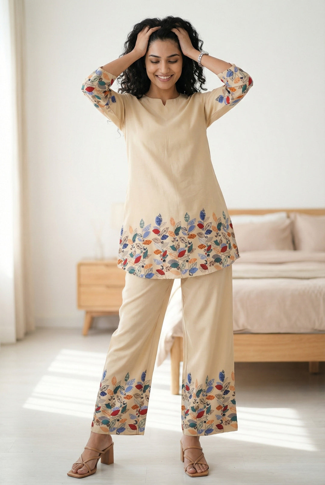 Off White Leaf Print Round Neck Pure Cotton Night Suit For Women
