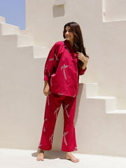 Red Eagle Printed Cotton Shirt Collar Night Suit For Women