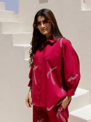 Red Eagle Printed Cotton Shirt Collar Night Suit For Women