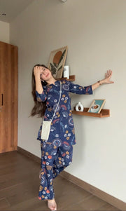 Women Blue Cotton Printed Night Suit Set - SanskrutiHomes 
